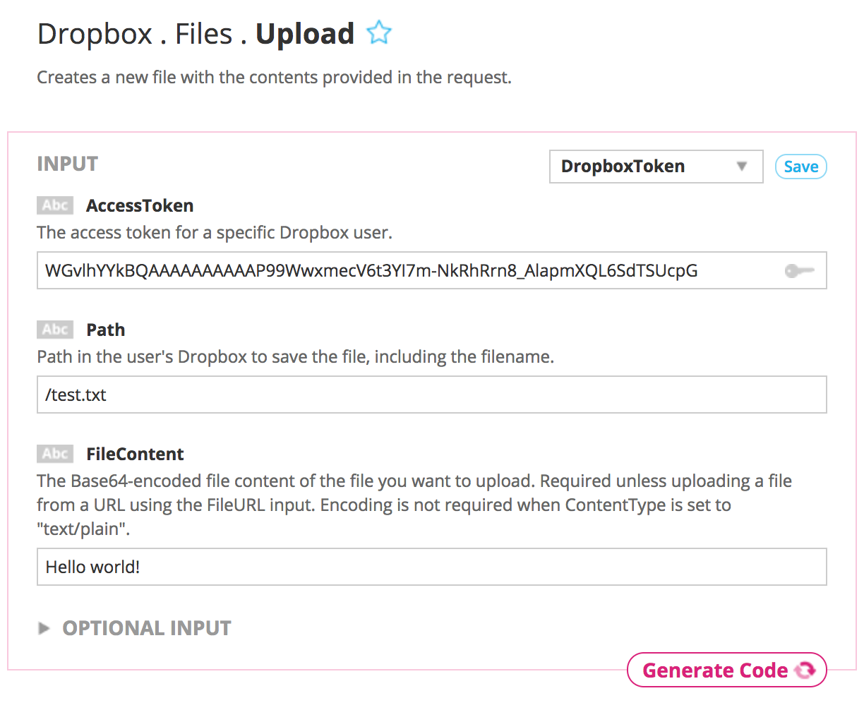 Required inputs to upload a file