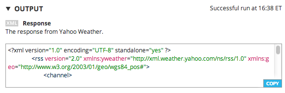 The Yahoo! Weather API response on the Choreo Page