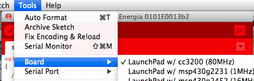 Selecting your board in the Energia Tools menu