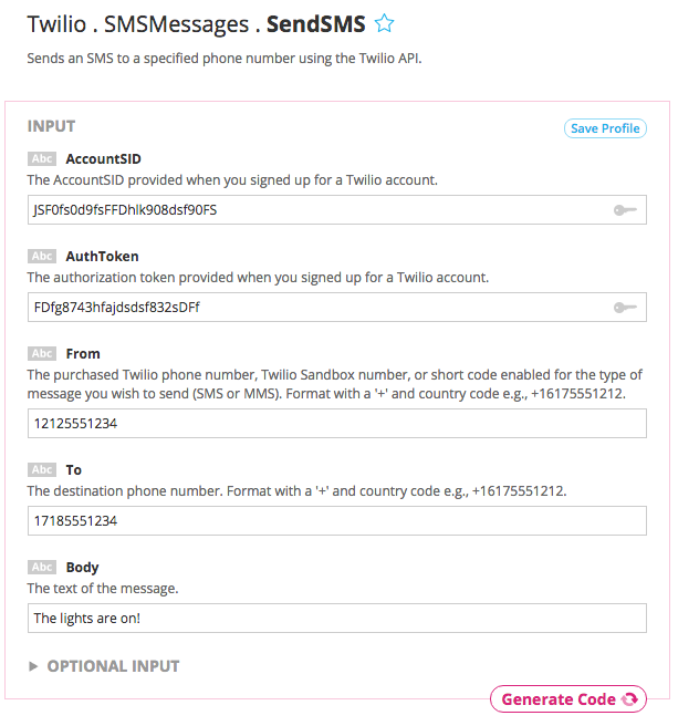 Example inputs for the Twilio Send SMS Choreo